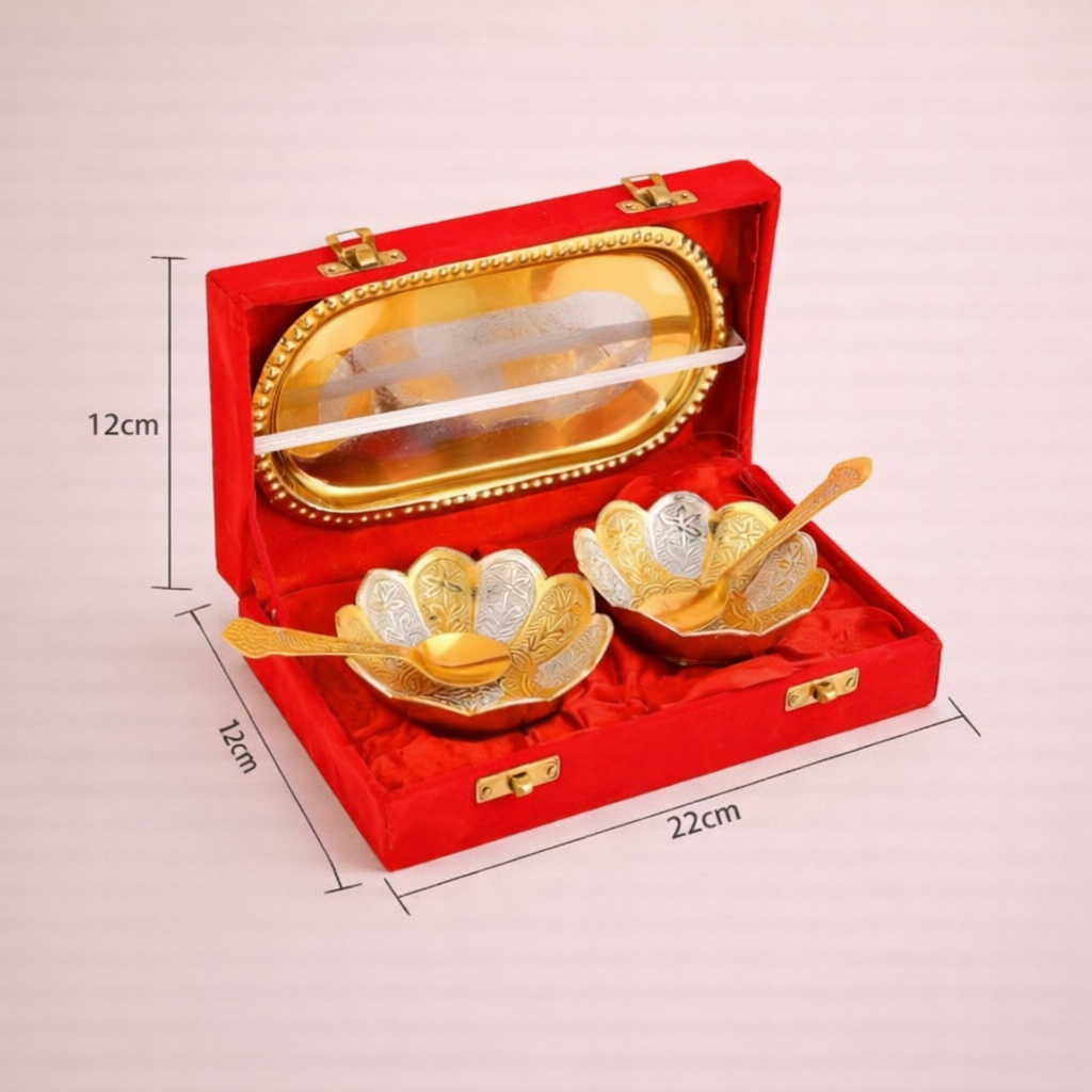 German Silver Lotus Bowl Set with Tray (Dual Tone) | 2 Bowls & 2 Spoons | Return Gift