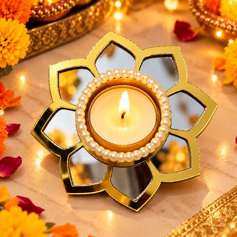 Lotus Mirror Tea Light Holder with Pearl Beads | Designer Diya Holder for Diwali & Pooja Decor( 1Piece )