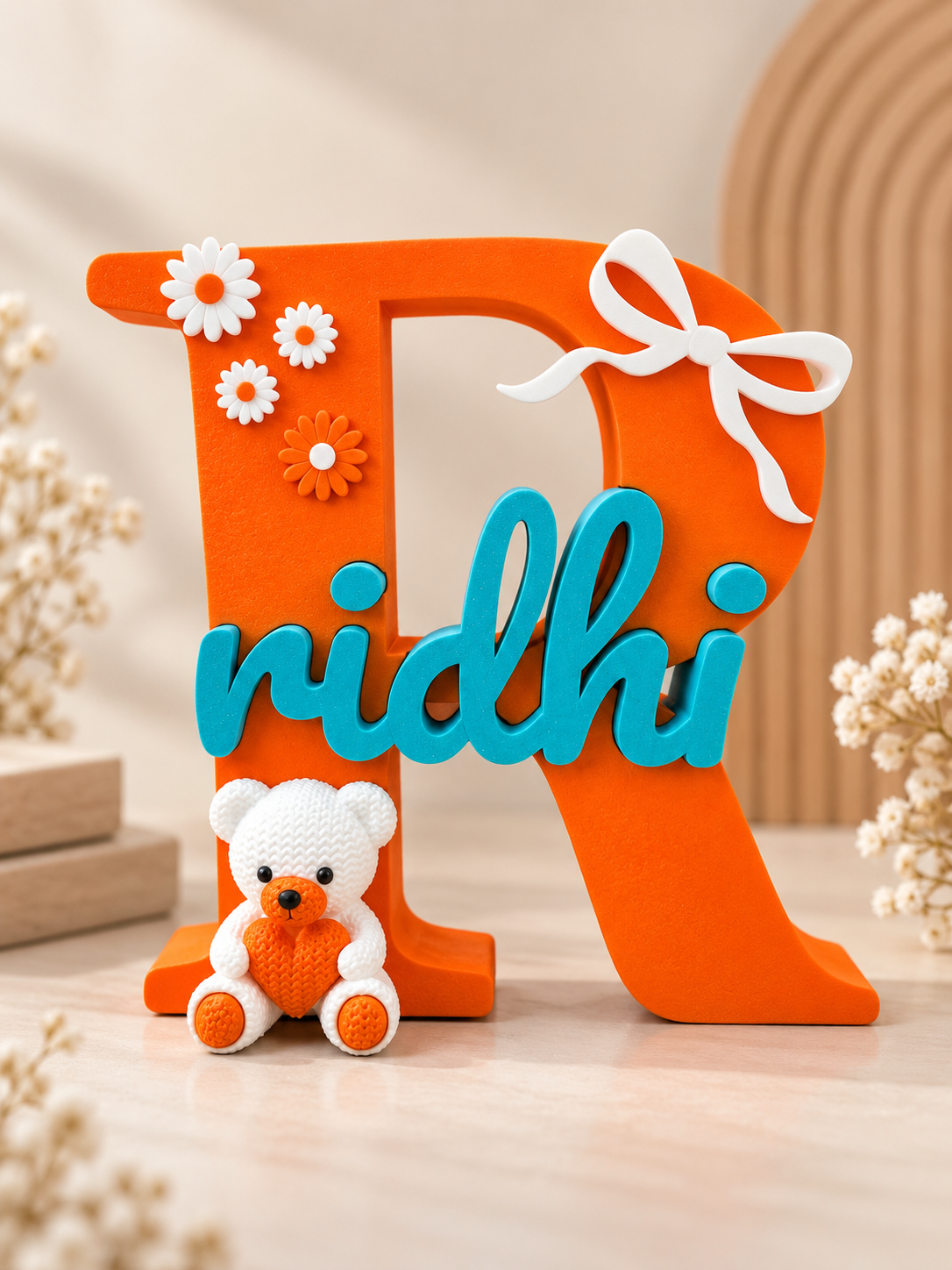 Floral Theme Personalised 3D Printed Stand with Teddy Charm