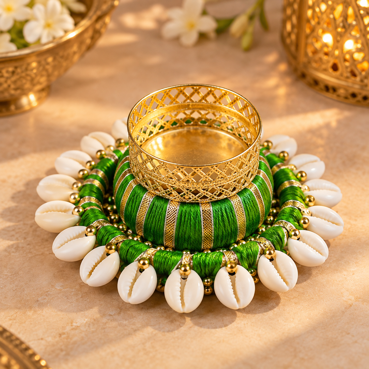 Shells dholak Rangoli Tealight Candle Holder