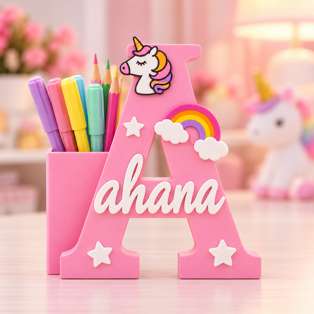Unicorn Theme Personalised Name Stand & Pen Holder