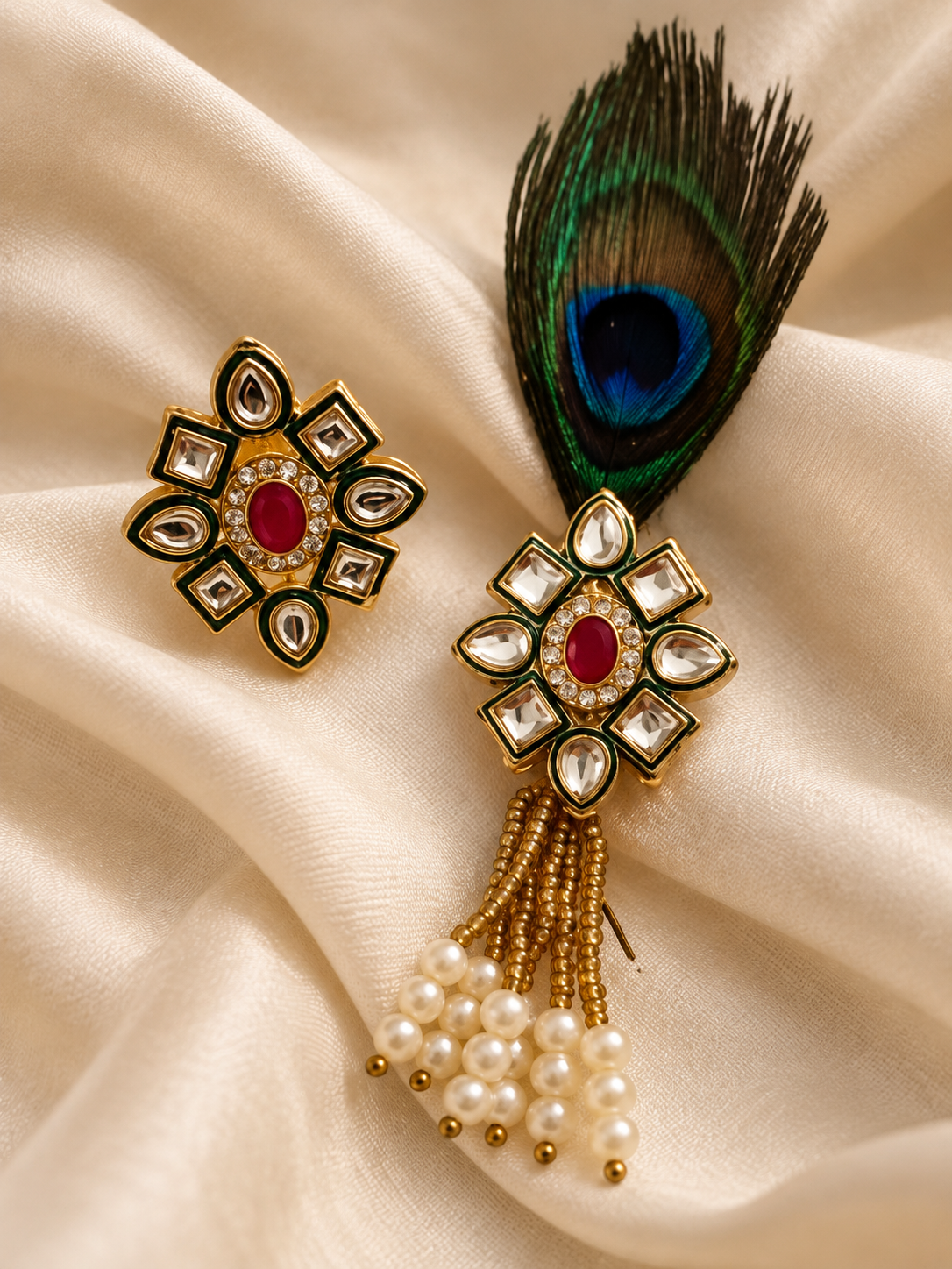 Baraat Swagat Set – Kundan Peacock Feather Brooch for Men &amp; Matching Ring for Women