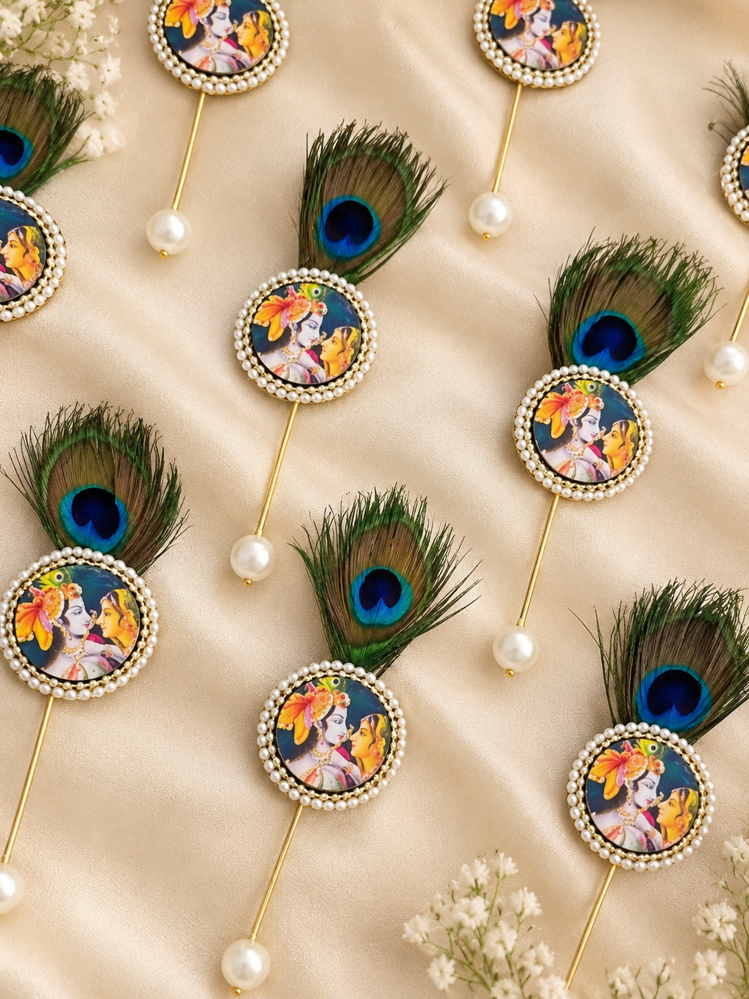 Radha Krishna Brooch Lapel Pin with Mor Pankh