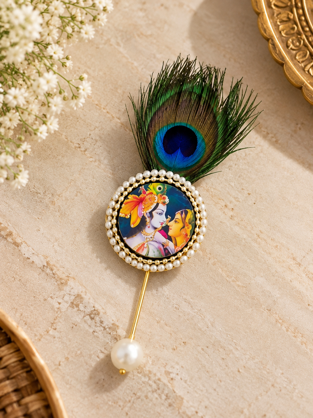 Radha Krishna Brooch Lapel Pin with Mor Pankh