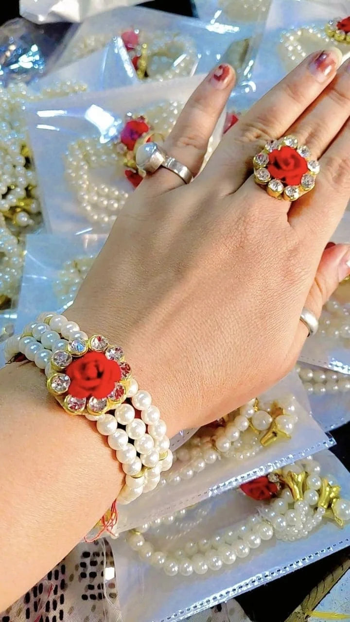 Pearl &amp; Floral Bracelet with Matching Ring