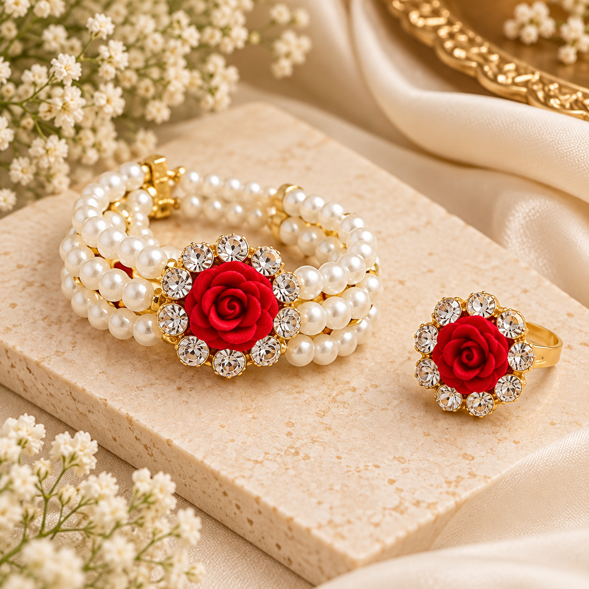 Pearl &amp; Floral Bracelet with Matching Ring