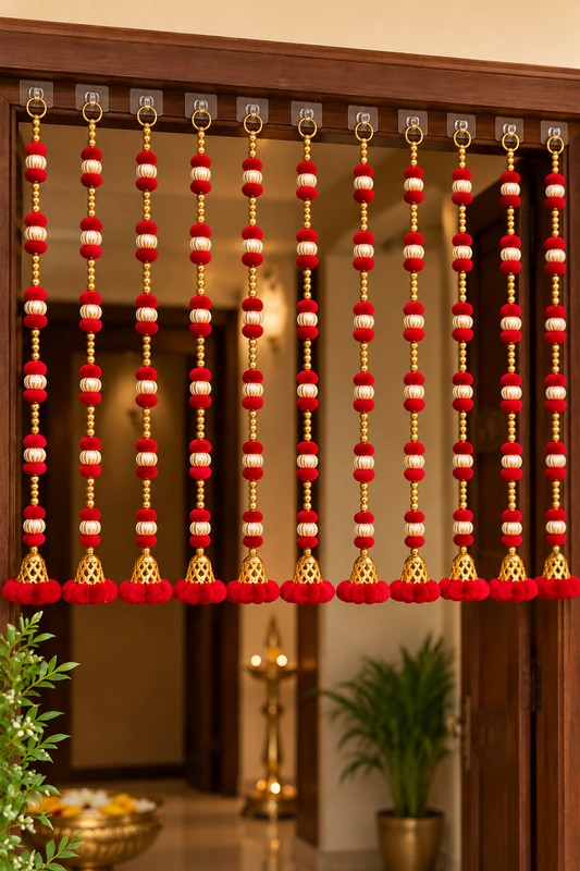 Beaded Hanging Toran with Pom-Pom Tassels | Festive Door Décor (Pack of 10)