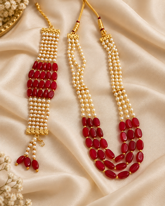 Royal Baraat Swagat Set – Kundan Bead Mala for Men &  Adjustable Bracelet for Women