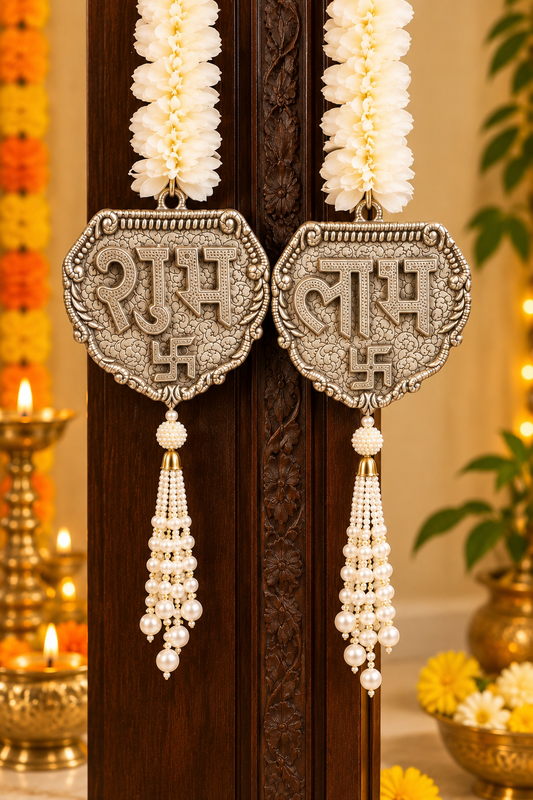 German Silver Shubh Labh Hanging Toran with Tassels | Festive Door Décor
