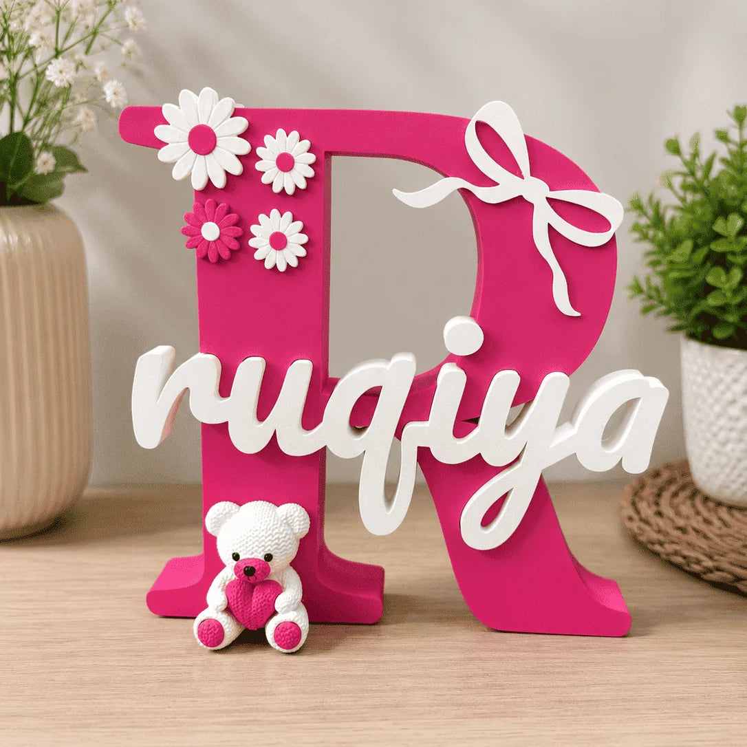 Floral Theme Personalised 3D Printed Stand with Teddy Charm