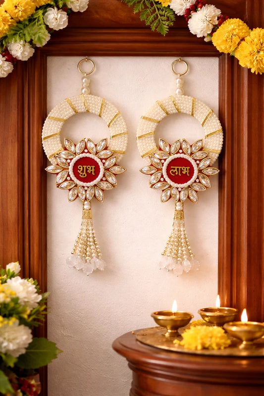 Pearl & Kundan Stone Work Shubh Labh Hanging Pair | Gold & Red Festive Door Decor