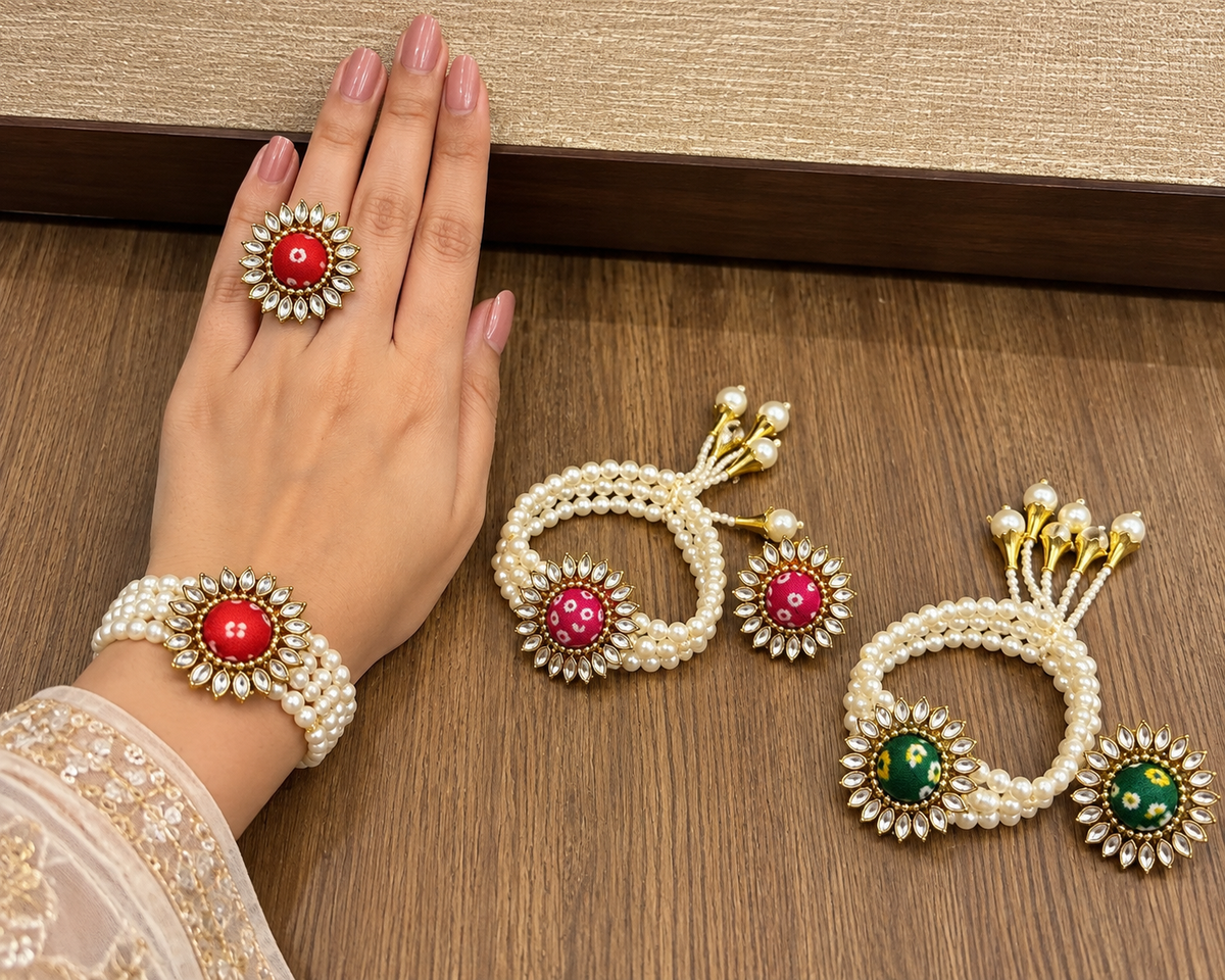 Bandhej Bracelet & Ring Set with Pearl and Kundan Work