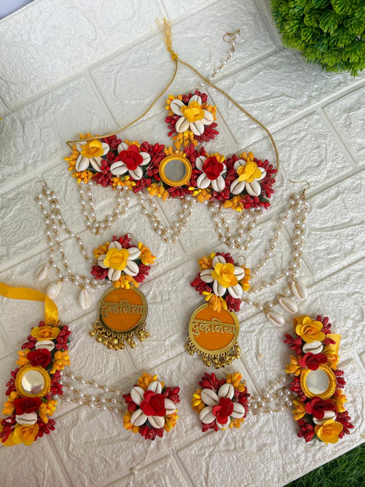 Haldi floral and shell set (yellow and red)