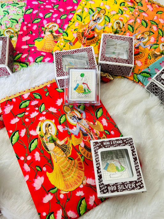 Radha Krishna Silver Frame with Potli