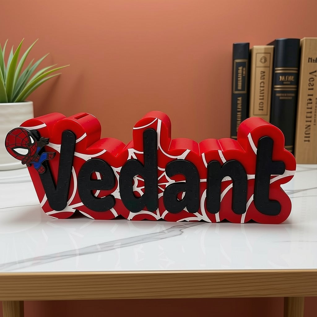 Personalised 3D Printed Name Piggy Bank in Spiderman Theme
