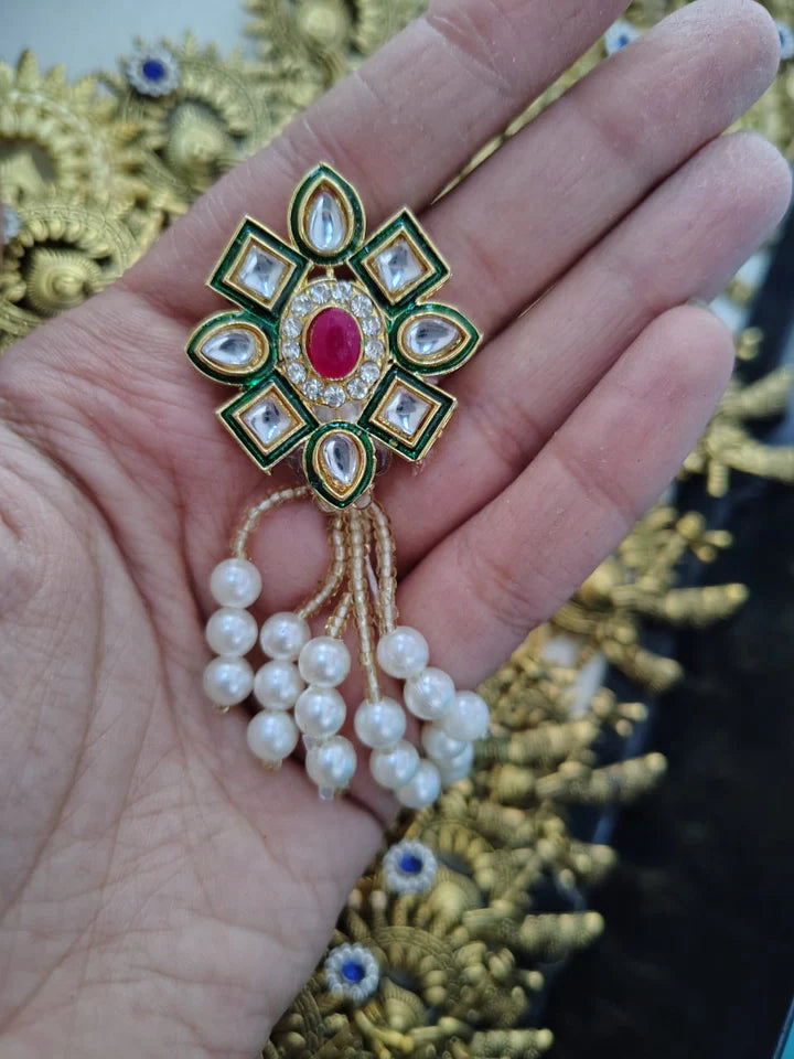 Kundan Pearl Tassel Brooch – Traditional Wedding & Festive Pin